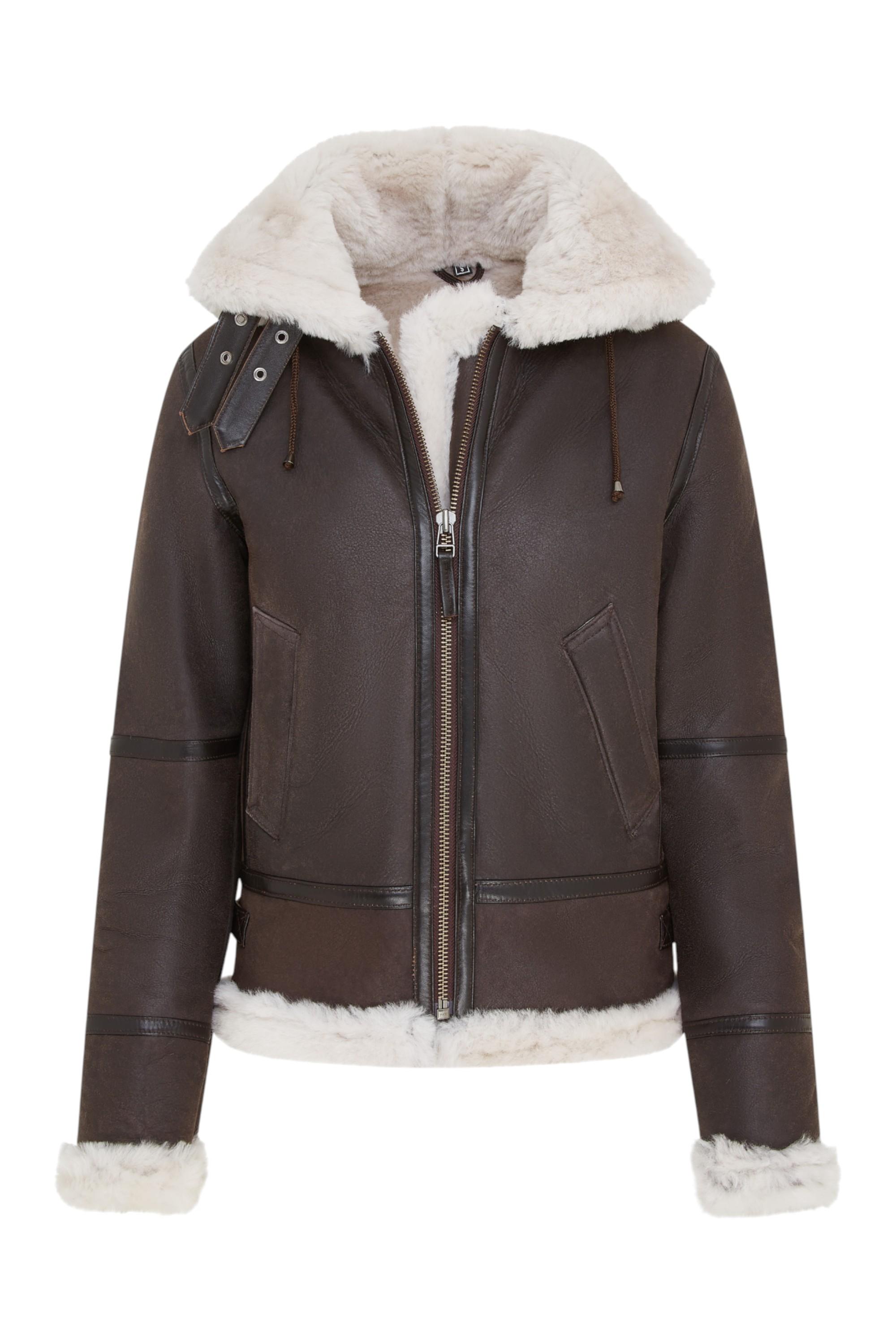 Creck Damen Lederjacke mit Kapuze, braun, Schaffell, Palermo