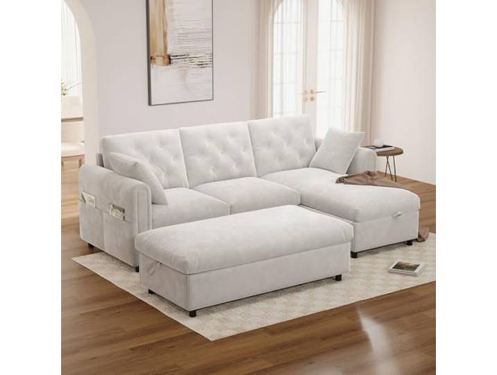 BTM L Form Ecksofa mit Schlaffunktion, Stauraum Fußhocker Beige Magazintaschen, Knopfheftung, Flannelette