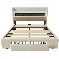 OKWISH Polsterbett Leinen Beige 160x200 cm mit hydraulischem Stauraum, LED-Beleuchtung, USB & USB-C, Holzlattenrost