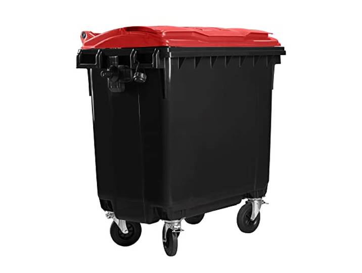 Hardwex Müllcontainer mit 4 Rädern mit Flachdeckel, Müllgroßbehälter, Abfalltonne, Mülltonne, Volumen: 660 Liter, Farbe: Grau/Rot, Größe: 1 228 x 1 370 x 778 mm