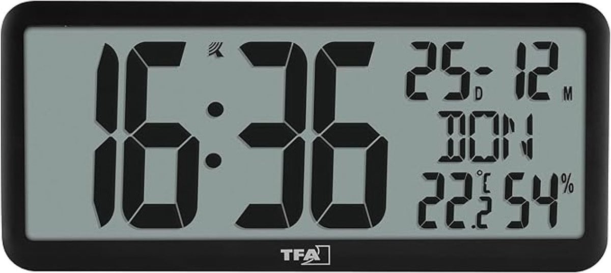 SnelShoppen Digitale Wandklok XXL met Grote Cijfers, Temperatuur, Vochtigheid en Kalender, Zwart