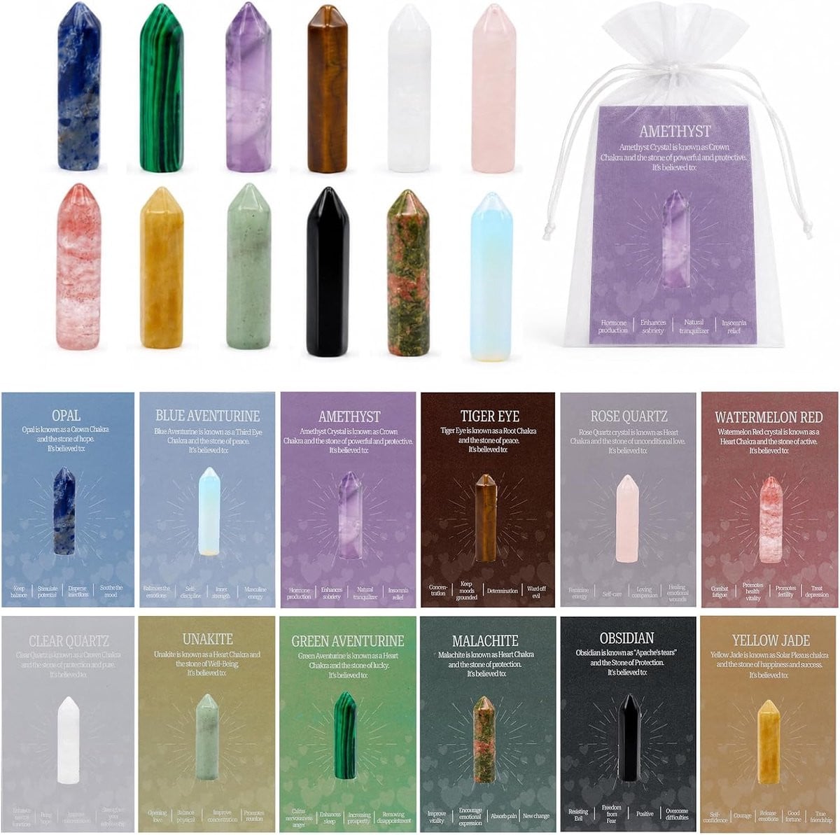 Set van 12 helende kristallen en edelstenen geluksstenen