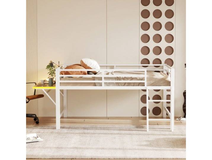 Lit mezzanine métal blanc 140x200 avec bureau intégré échelle rambarde et bande led - sans matelas
