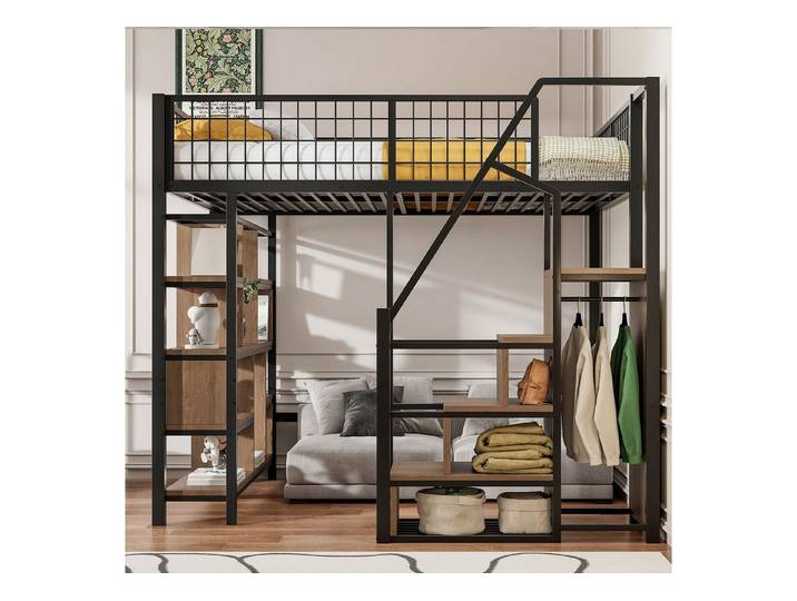 MODFU Kinderbett mit Stauraumtreppe (Metallbett Hochbett mit Ablageflächen, 140x200 cm), ohne Matratze