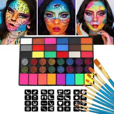 Uplift Essentials 42 Color Professional Water Soluble Face & Body Paint Palette UV Neon, Glitter & Classic Makeup Set 42 Color Professional Water Soluble Face & Body Paint Palette UV Neon, Glitter & Classic Makeup Set