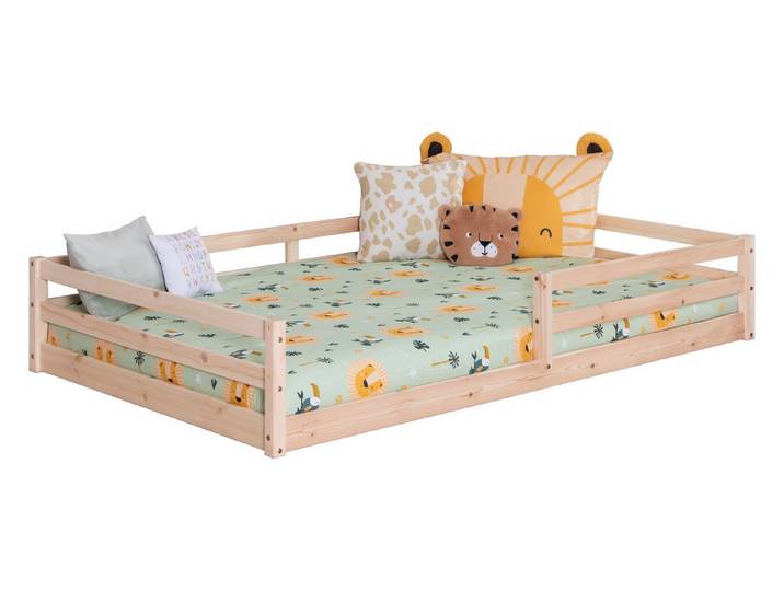 Ticaa Kinderbett, Neo Hausbett Bodenbett mit Rausfallschutz 150kg, inkl. Lattenrost & abnehmbarem Rausfallschutz, 120x200, Natur