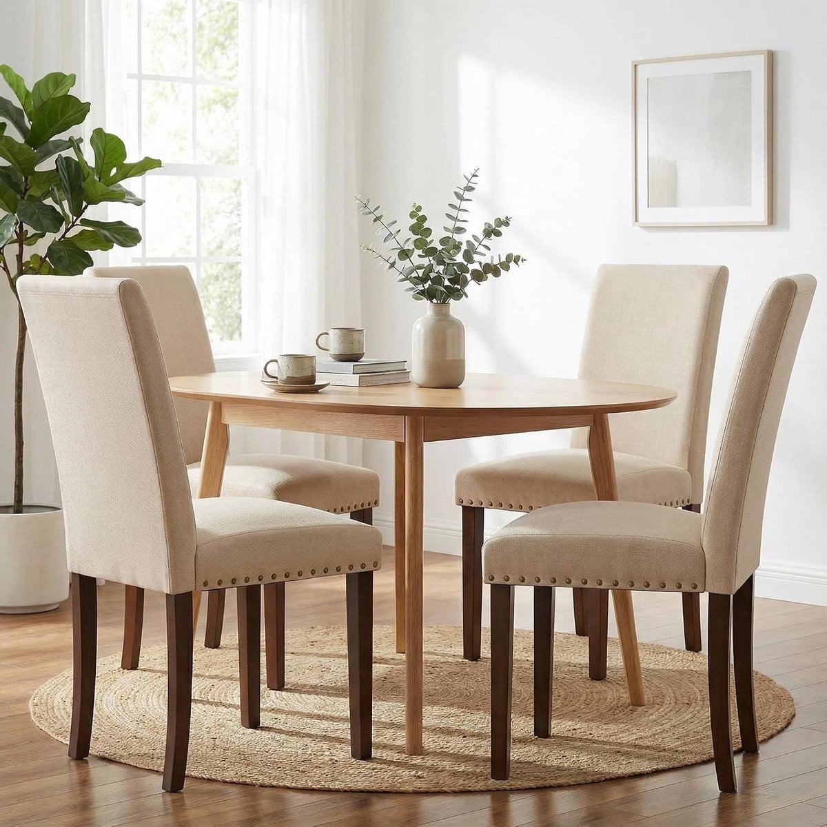 Set van 4 beige eetkamerstoelen met een robuuste houten constructie