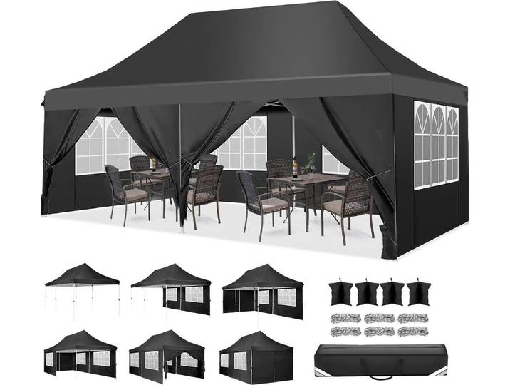 Faltpavillon 3x6m Wasserdicht Stabil Winterfest mit Seitenwänden Sandsack