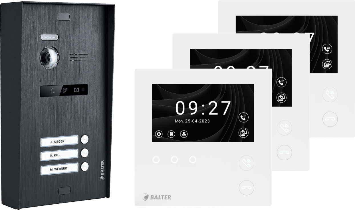 BALTER EVO HD MINI Aufputz Video Türsprechanlage Schwarz Set 3 Teilnehmer 3x 4,3" Monitor