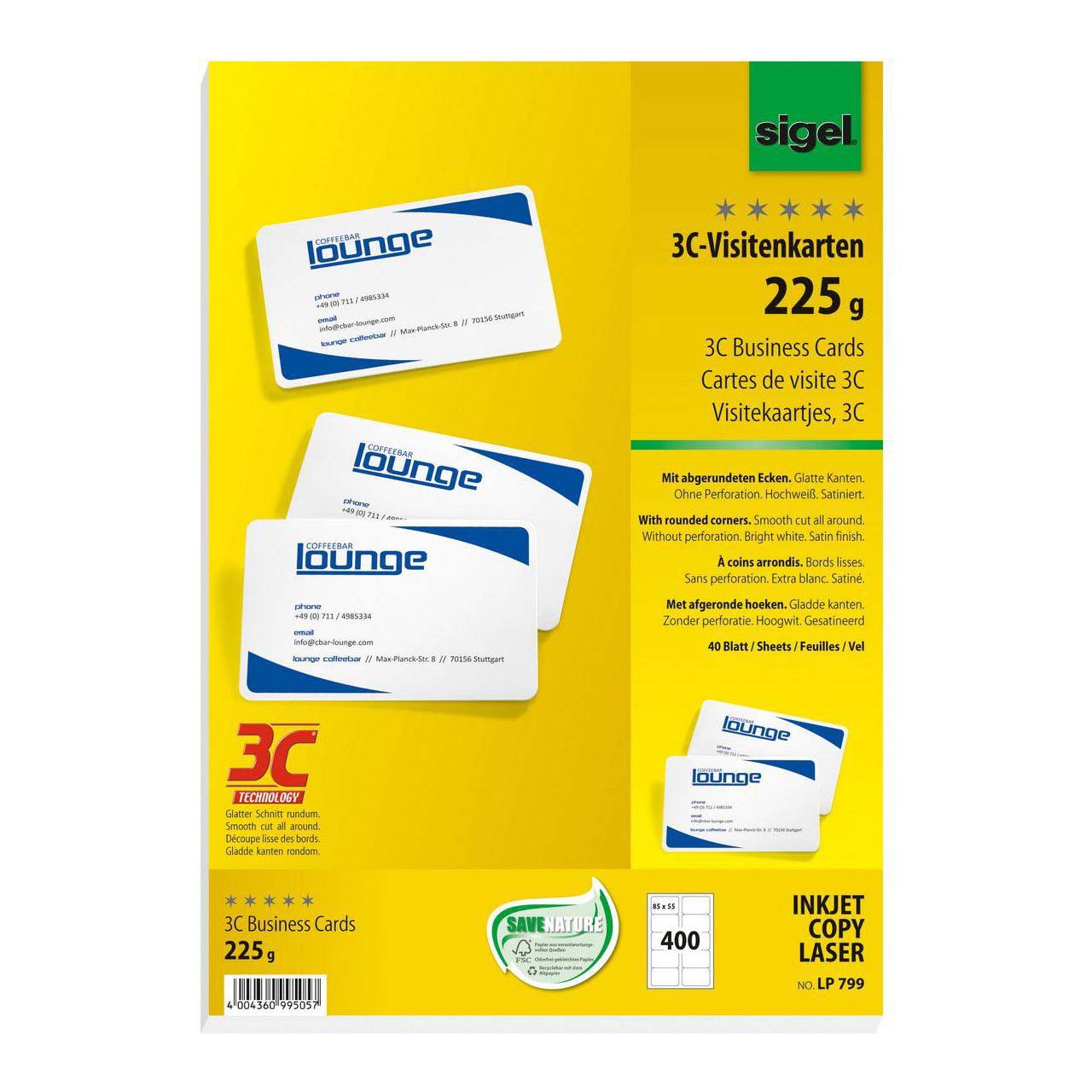 sigel PC-Visitenkarten, 85 x 55 mm, 225 g/qm, hochweiß (LP799)