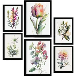 POSTER Set Mit 6 Wilde Blumen Vollfarbige Natur Und Botanikdrucke Mit Blumenmotiven Auf Reinweißen Hintergründen A3 & A4 Schwarzer Rahmen