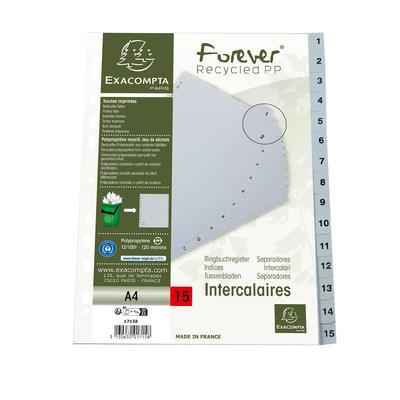 Exacompta 1715E 20x Register A4 aus Recycling-PP grau 120µ mit bedruckten Taben 1-15, 15 Positionen - Grau