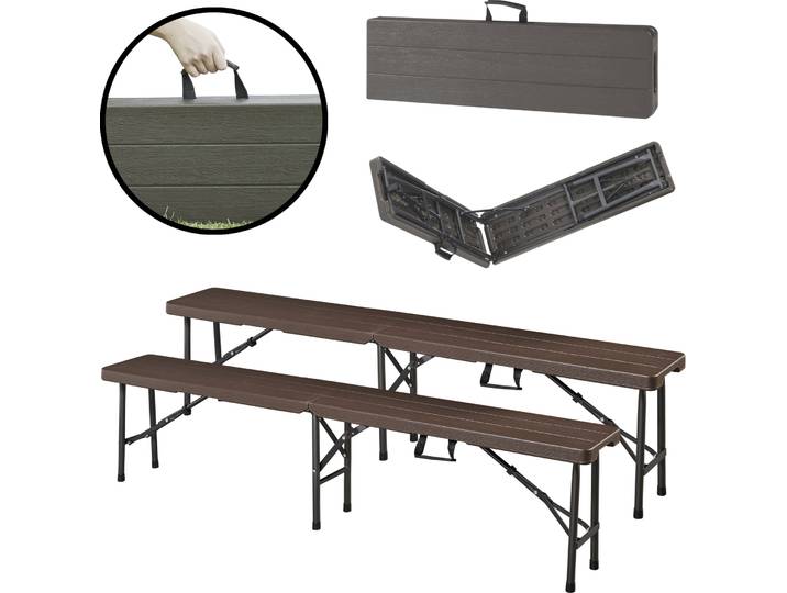 Klappbank-Set ‘Lillestrøm’ 2-tlg. Metallgestell 180 x 25 x 43 cm Holzoptik, Dunkelbraun
