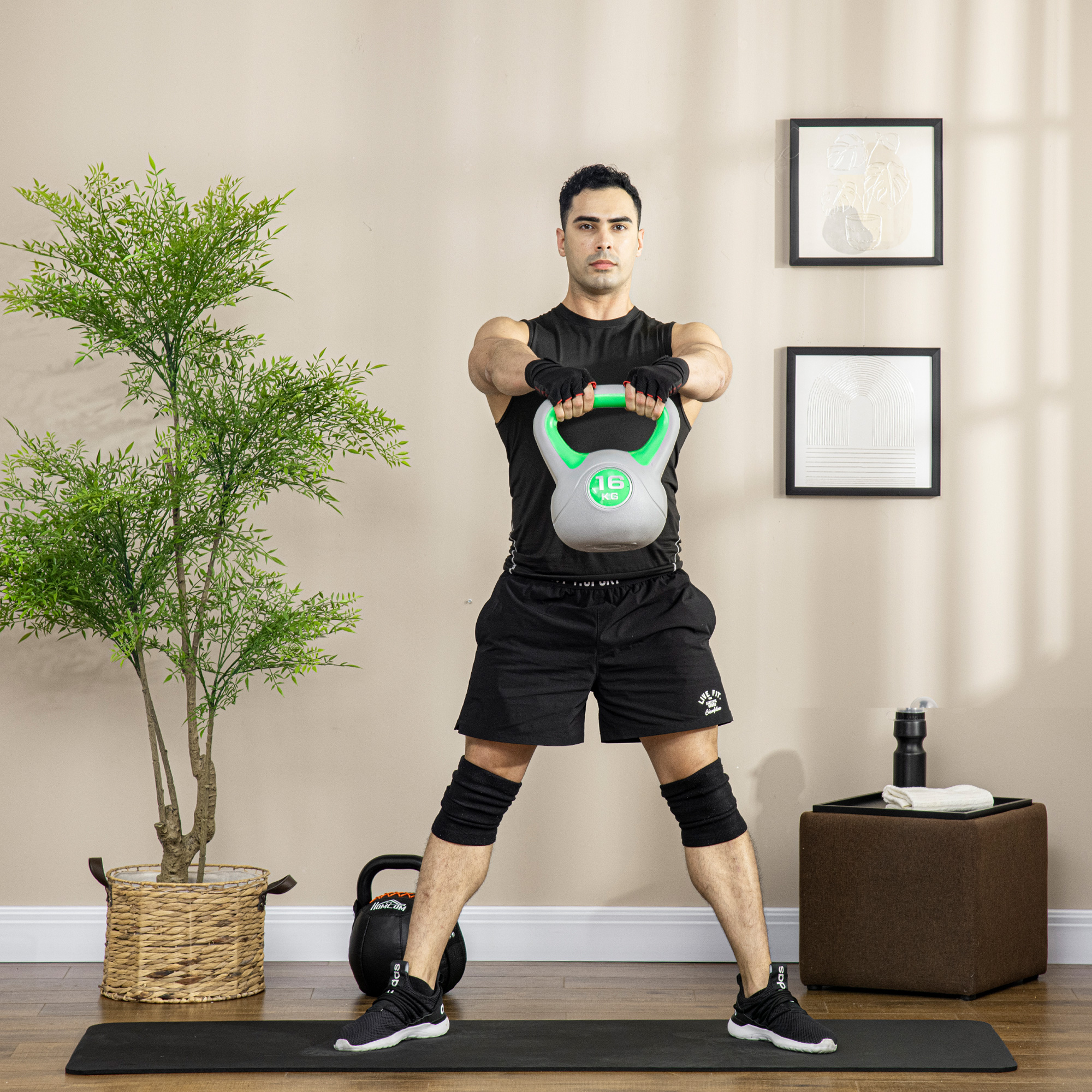 Sportnow Kettlebell 16kg in PU e Sabbia con Base Piatta e Impugnatura pratica per Stacchi, Squat e Sollevamenti, 26x18x32 cm, Verde