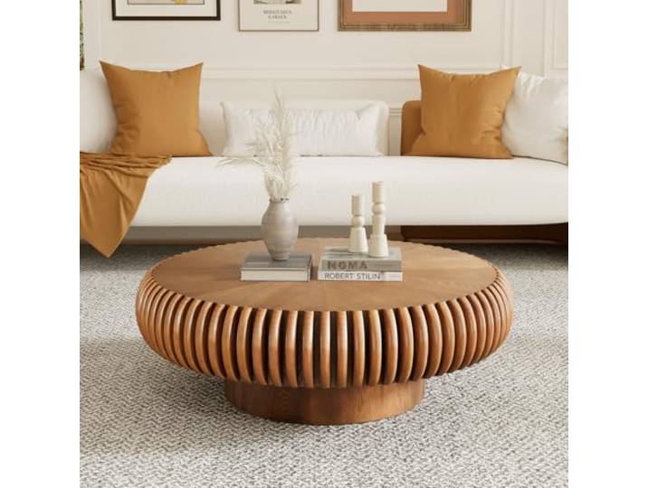 FeiZhiYanS Runder Couchtisch mit geriffelter Trommelform Einzigartiges Design, Moderner minimalistischer Beistelltisch, Furniertes Holz, Für das Wohnzimmer