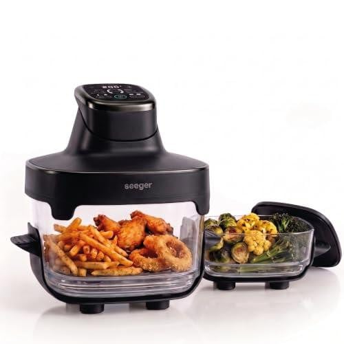 Seeger ClearFry glazen heteluchtfriteuse, zwart en transparant, met timer, warmhoudfunctie en vaatwasserbestendige onderdelen