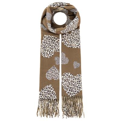 Schal ZWILLINGSHERZ "Print "Leo Herz", Damen, braun (olive), Obermaterial: 100% Polyester, Modetücher Schal, Fransenabschluss, weicher Griff, Leo-Herz-Druck