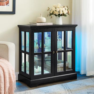 GREATPLANINC LED Curio Display Cabinet with Grille Doors, Antique Display Cabinet with Adjustable Shelves, Wooden Accent Storage Cabinet