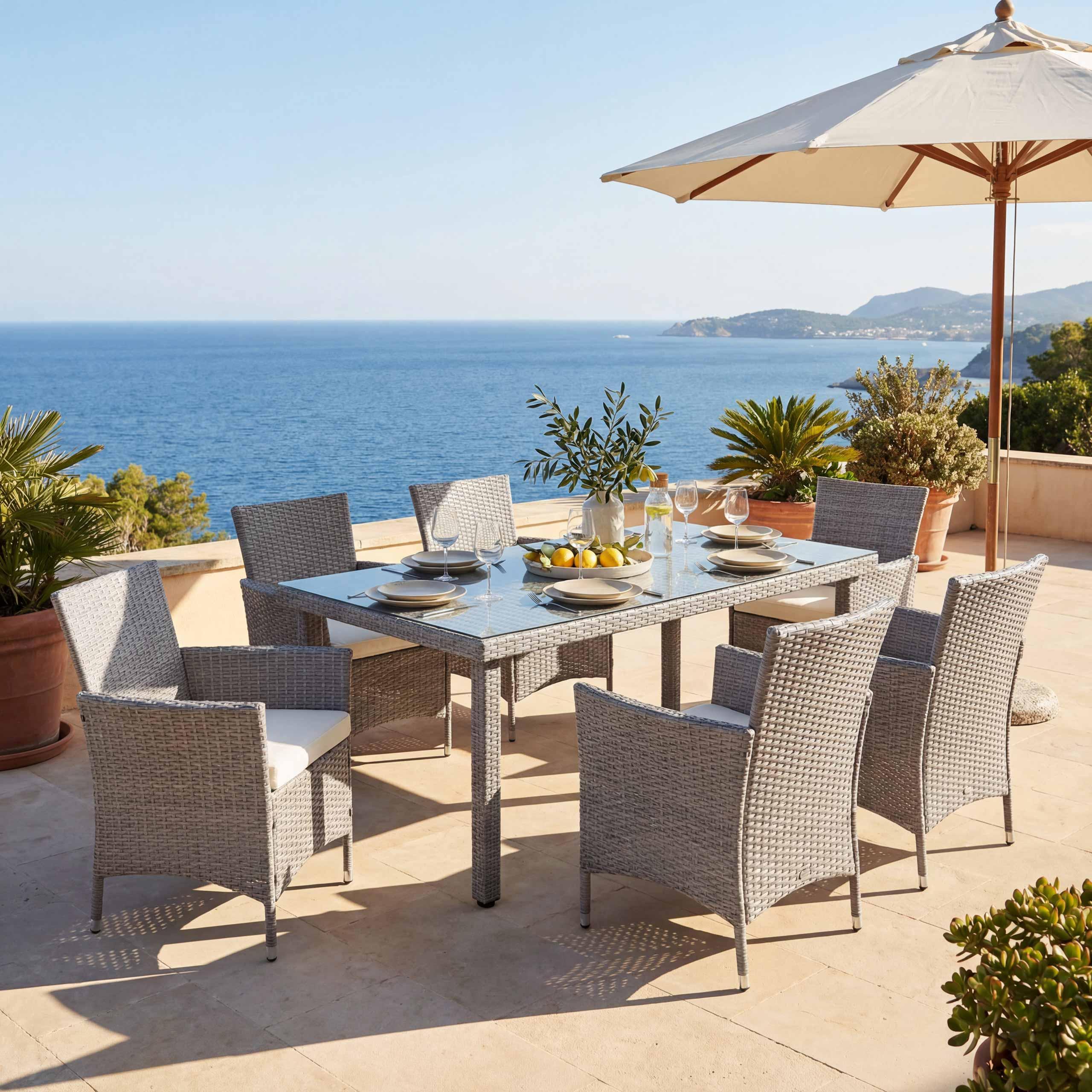 Poly-Rattan-Garnitur Hamar, Gartenmöbel Balkon-Set Sitzgarnitur grau, Kissen creme