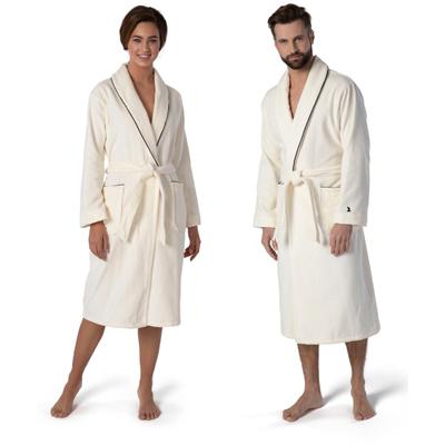 Unisex-Bademantel MÖVE "Schalkragen Velours, ideal für Sauna & Spa, Hotelbademantel" Gr. M, weiß (ivory), L:125cm, Velours, Hausmäntel, edel gestalteter Saum