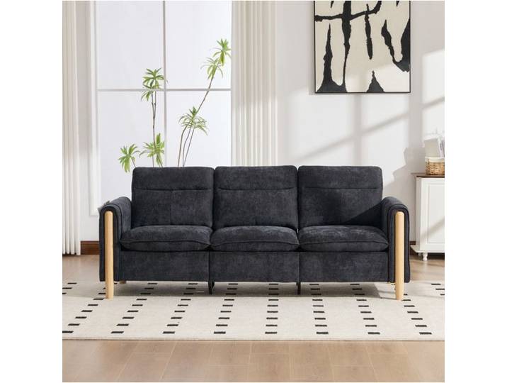 Canape 3 Places En Chenille Noire Canape D Angle FloraGrace Pour Petit Salon Pouf Coffre Reversible 201x77x86cm