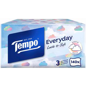 Tempo Taschentücher Everyday, Leicht & Soft, Box, Zellstoff, 3-lagig, waschmaschinenfest, 140 Tücher