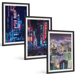 BILDER SET 3er Set - 40x60 cm Schwarzer Rahmen - Neonlichter der nächtlichen Stadt