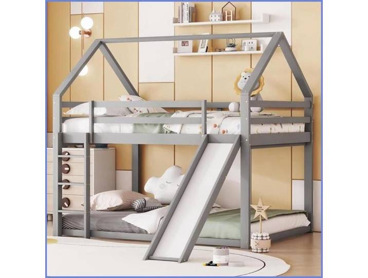 Bunk Bed Enfant Maison avec Rutsche & Échelle - 140x200 cm - Gris