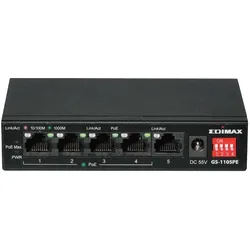 edimax 5-Port Gigabit PoE+ Switch mit grosser Reichweite, 4 PoE+ Ports und DIP-Schalter (5 Ports), Netzwerk Switch, Schwarz