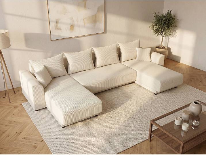 Wohnlandschaft mit Schlaffunktion - Cord - Beige - NESSARO