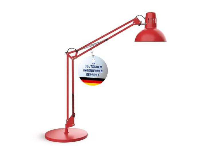 MAUL Schreibtischlampe rot MAULstudy LED Arbeitslicht mit E27 Fassung stabiler Halt ohne Kippen, flexibel ausrichtbarer Doppelarm, warmweißes Licht, wechselbares E27 LED, schonende Fußunterlage