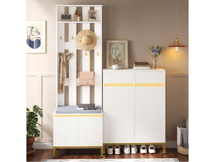QAVRYL Ensemble vestiaire entrée blanc avec meuble à chaussures banc porte-manteaux LED Bluetooth