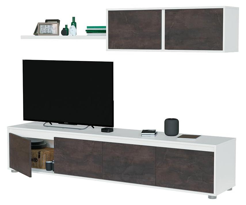 Habitdesign, Moderne Wohnwand mit TV-Schrank in Artik weiß und Rost, Wohnzimmerm