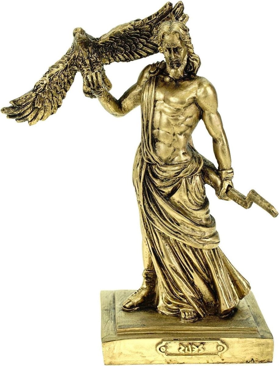 Zeus Albast Figuur - Goudkleurig Beeld van de Godenvader - Hoogte: 18 cm