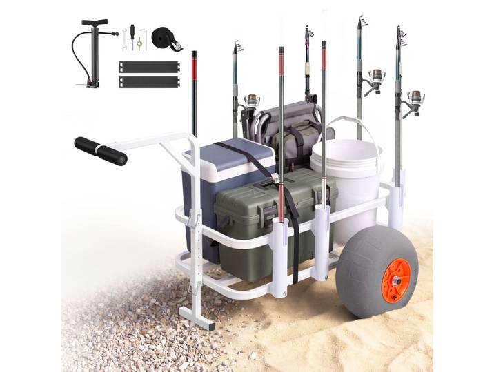 VEVOR Chariot de Pêche\, Capacité de Charge 136 kg\, Chariot de Transport Matériel de Pêche pour Plage Camping\, Pneus Gonflables Tout-Terrain enPolyuréthane330 mm\, Cadre en Alliage d'Aluminium\, 8 Porte-Cannes