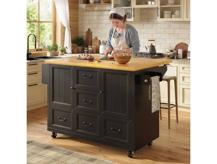 Ilot central cuisine 120x73(45)x93 cm Ilot central avec porte-serviettes et porte-épices étagères réglables 2 portes 5 tiroirs