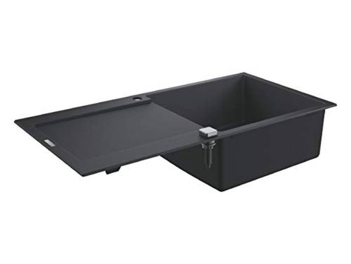 GROHE K500, Kompositspüle mit Abtropffläche, kratzfest, geräuschreduziert Tiefes Becken für mehr Kapazität, Exzenter-Ablauf hält Hände trocken, einfache Montage (granit schwarz, 31645AP0)