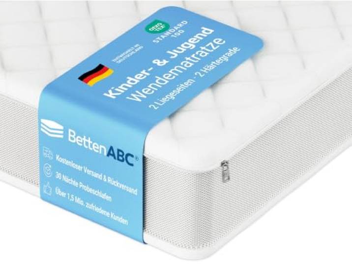 Betten-ABC - Kidz-Duo Wendematratze für Kinder & Jugendliche - 100x200 cm 2 Liegeseiten, 2 Härtegrade - Rundum-Klimaband für frisches Schlafklima - Abnehmbarer & waschbarer Bezug - Paketversand
