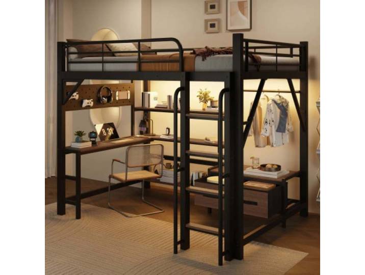 Lit Mezzanine 90x200 Métal Noir avec Bureau Étagères LED USB Lit Surélevé Ado Chambre Étude Rentrée Scolaire Norevia