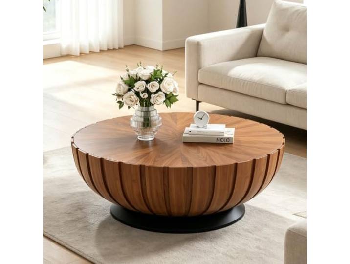 Runder Couchtisch (90 Cm Durchmesser) Aus Holz Trommelform Beistelltisch Moderner Beistelltisch Mit Geriffelter Form Und Stabilem Fuß Einzigartiger Beistelltisch Für Wohnzimmer Kleine Wohnungen