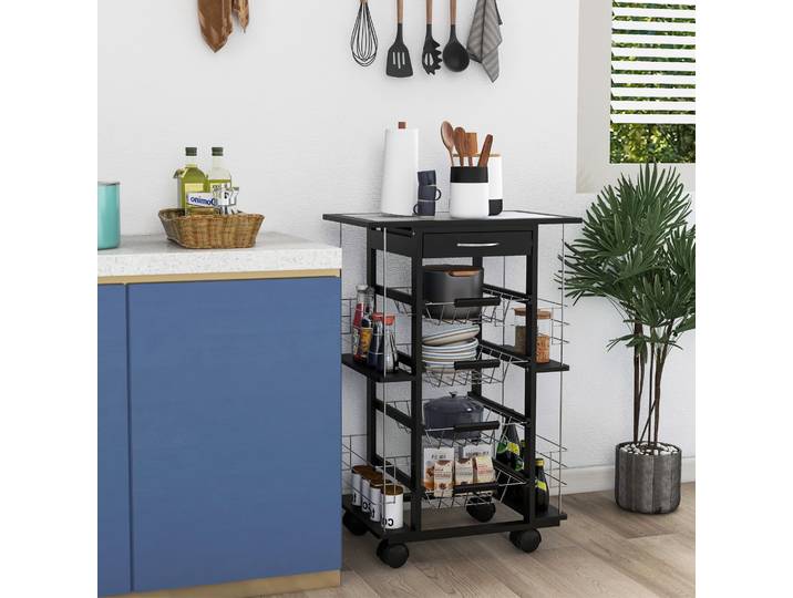 HOMCOM Desserte Cuisine Roulettes Bois Noir Plateau Blanc