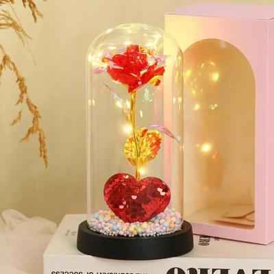 Uplift Essentials LED Eternal Rose Glass Dome With Gold Foil Flower red