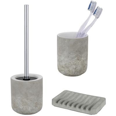 Badaccessoire-Set "»Londa«", grau, matt, Edelstahl, Keramik, SCHÖNER WOHNEN-KOLLEKTION, Badaccessoires-Sets, Zahnputzbecher, Seifenspender & WC-Garnitur, Keramik in Zementoptik