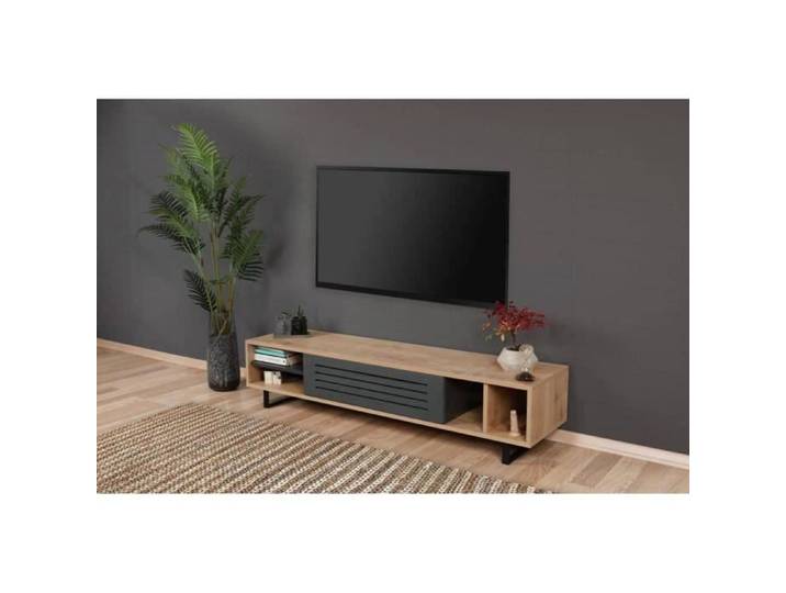 BOBOCHIC Meuble télé ZORI Anthracite Mocha Anthracite Quatre niches Pieds en bois Fonctionnel