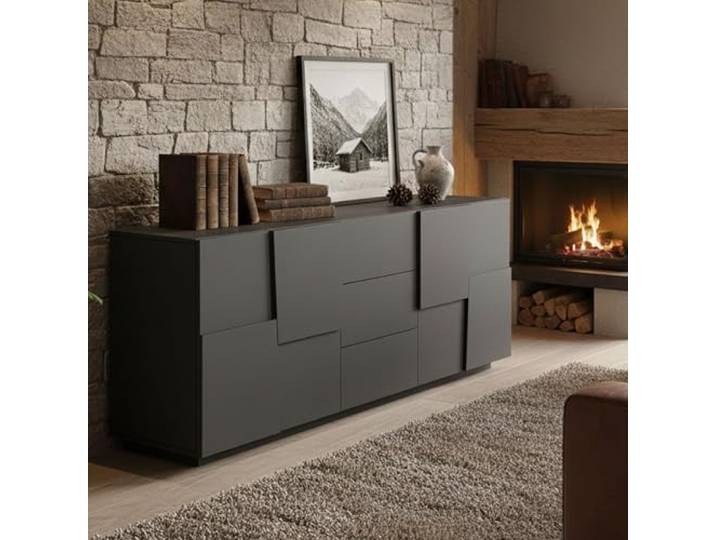 Dmora - Kommode Yoel, Wohnzimmer-Buffet, Wohnzimmer-Kommode mit 4 Türen und 3 Schubladen, 220x44x86 cm, Anthrazit