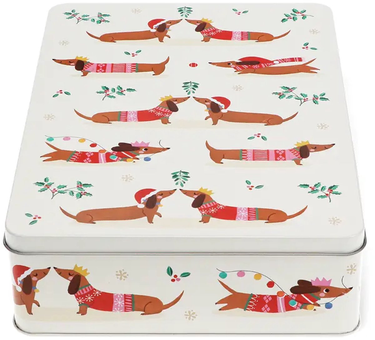 Rex London Koekjesdoos Sausage Dog - Feestelijk Teckel Bewaarblik - 27 x 19 x 6,5 cm