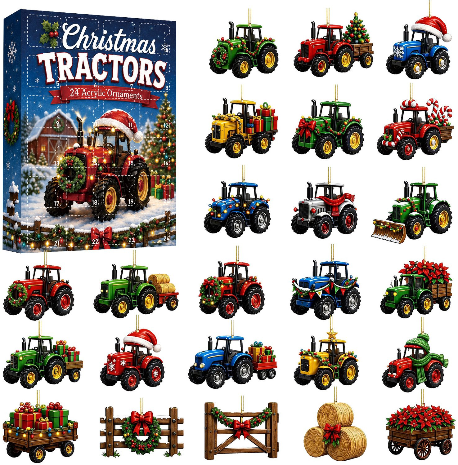 Kerstadventskalender Blind Box met Acrylornament Vintage Boerderijtractor als Kerstboomhanger