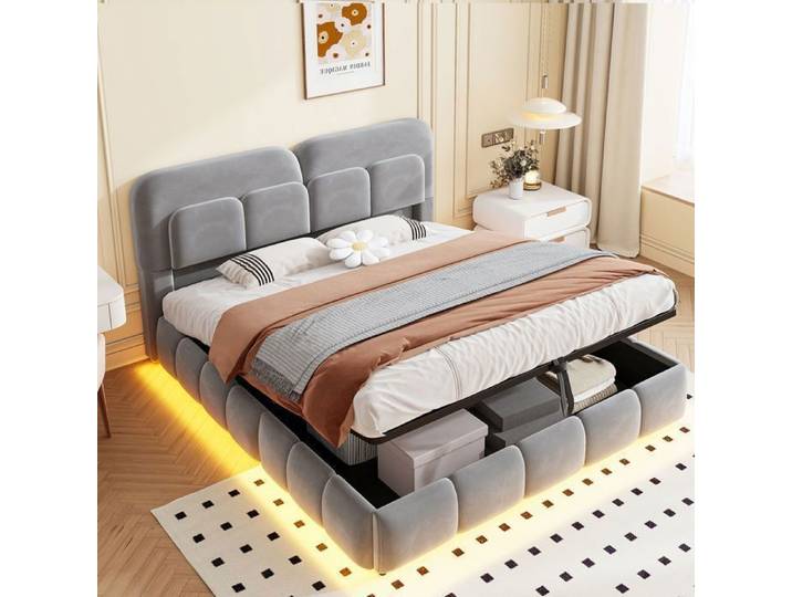 Lit Coffre - WESTYLE - Lit coffre 140x200 cm LED - Velours gris - Tête capitonnée - Sommier à lattes