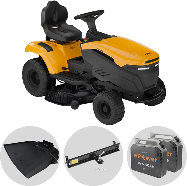 Stiga Tornado 398e - Kit Tracteur tondeuse avec 2 modules de batterie ePower Pro de 56V/40Ah - Éjection latérale et mulching