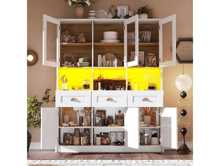 Buffet cuisine - WESTYLE - MDF bicolore - LED intégrée multicolore - Portes vitrées acryliques - Étagères réglables
